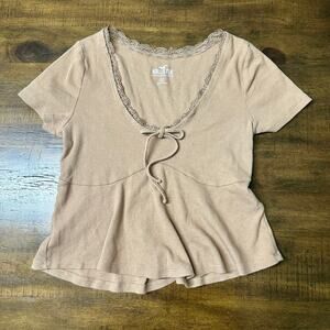 Hollister Ribbed Lace Trim Babydoll Top Light Brown Coquette Y2K Womens M